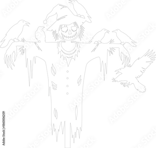 Halloween Scarecrow and Crows Outline Vector Spooky Black and White Line Art