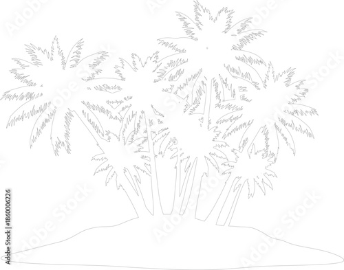 Outline drawing of a cluster of tropical palm trees on a small island vector illustration