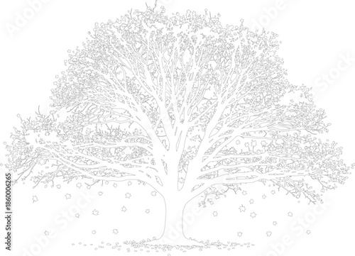Detailed monochrome line art of a mature tree with falling autumn leaves Vector outline graphic resource for coloring book pages or nature illustration