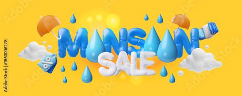 A 3D banner with inflatable letters "MONSOON SALE," umbrellas, raindrops, and clouds.