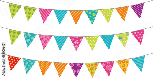 Colorful party bunting vector set with three rows of decorative triangle flags featuring floral heart and stripe patterns isolated on white background