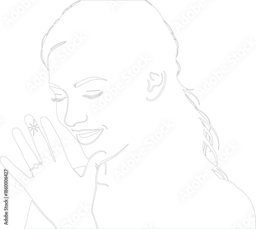 Continuous Line Drawing of Joyful Woman Showing Engagement Ring