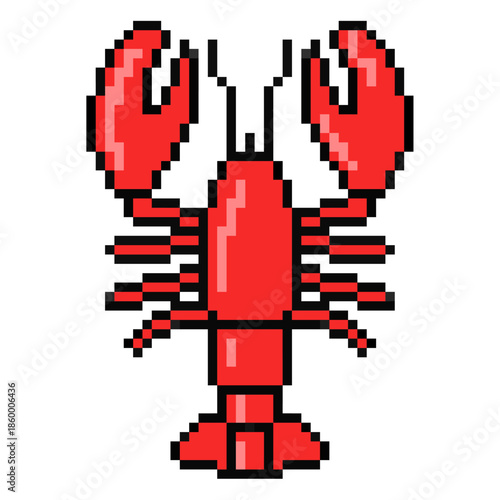Pixel lobster vector for seafood games and beach themes. Ideal for symbolizing crustaceans, restaurant menus, and retro fishing digital art.