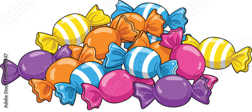 Colorful pile of wrapped candy vector illustration with various striped sugar sweets in bright blue pink orange and yellow isolated on white.