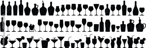 Alcohol, drink, glass, bottle, silhouette, collection, bar, cocktail, wine, beer, spirits, beverage, icons, set, black, isolated, white, background, illustration, vector