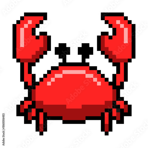 Pixel crab vector for beach games and sea life icons. Ideal for symbolizing crustaceans, sand animals, zodiac signs, and retro ocean themes.