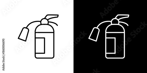 Black and white line art icon illustrations of a fire extinguisher on white and black backgrounds