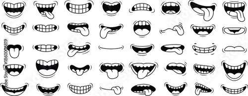 Cartoon mouth expression icon set, funny lips and teeth emotions collection, black outline vector illustration for emoji, comic, character design use