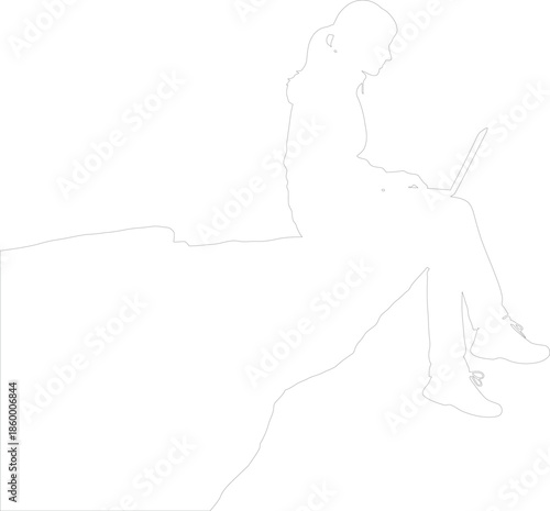 Minimalist vector outline of young woman sitting and working on laptop