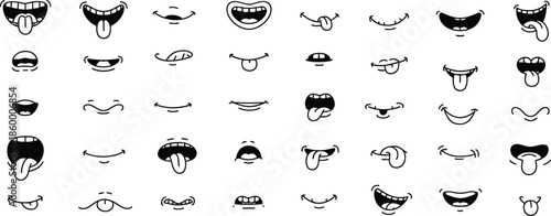 Cartoon mouth expression icon set, funny lips smiles tongues collection, black outline vector illustration for emoji, comic, sticker, character design