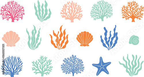 Colorful underwater sea life vector collection featuring coral reef organisms seaweed starfish seashells and aquatic plants set on white background for design