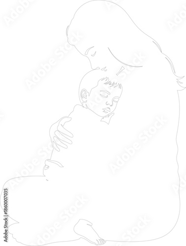Mother and child one line drawing maternal love embrace sleeping baby minimalist vector outline