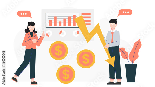 Corporate Team Using Data to Reduce Operational Costs. Flat Vector Illustration