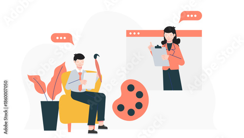 Online Therapist Using Art for Digital Sessions. Flat Vector Illustration