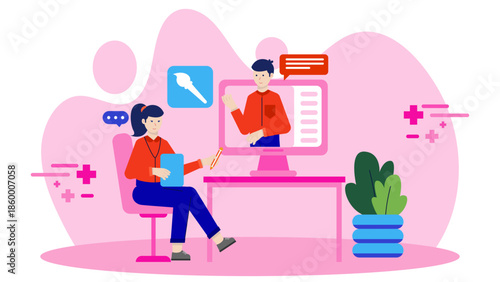 Online Therapist Using Art for Digital Sessions. Flat Vector Illustration