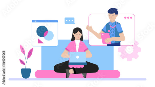 Online Therapist Using Art for Digital Sessions. Flat Vector Illustration