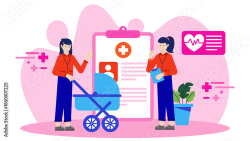 Telehealth Pediatrician Checking on a Newborn. Flat Vector Illustration