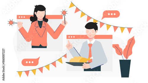 Remote Team Celebrating a Cultural Holiday Together. Flat Vector Illustration