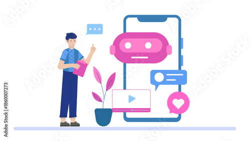 AI Moderating Online Community Content. Flat Vector Illustration