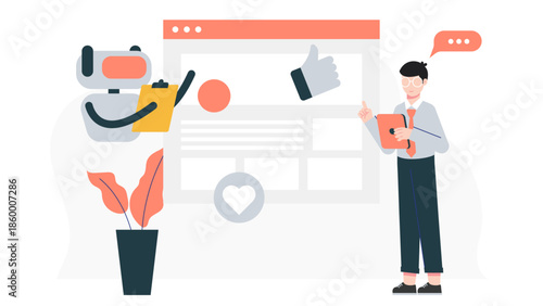 AI Moderating Online Community Content. Flat Vector Illustration