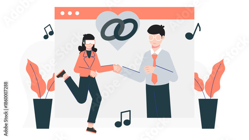 Virtual Choreographer Creating a Dance for a Wedding. Flat Vector Illustration