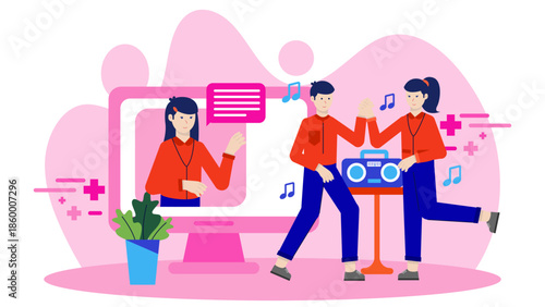 Virtual Choreographer Creating a Dance for a Wedding. Flat Vector Illustration
