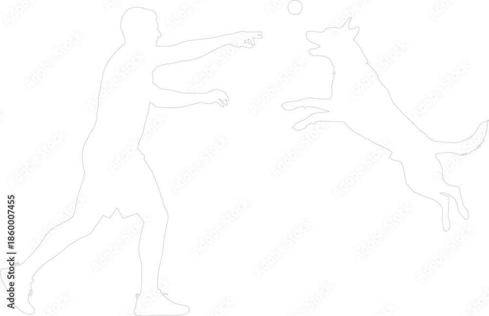 Fototapeta premium Dynamic Vector Outline of Man Playing Fetch with Jumping Dog Minimalist Design