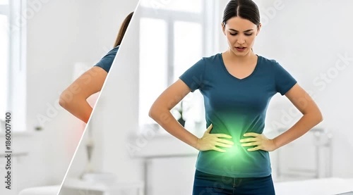 Comparison of Correct and Incorrect Posture, Woman Showing Lower Back Pain and Healthy Spine Alignment
