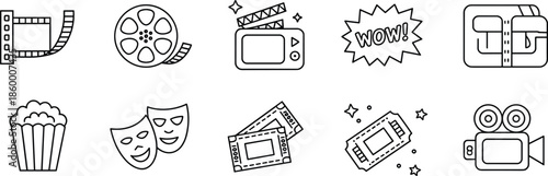 Cinema entertainment line icons set, movie film video media elements illustration, popcorn camera tickets concept, outline vector design