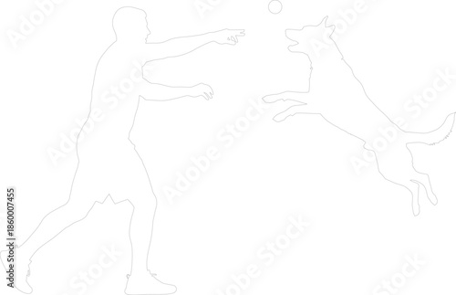 Dynamic Vector Outline of Man Playing Fetch with Jumping Dog Minimalist Design
