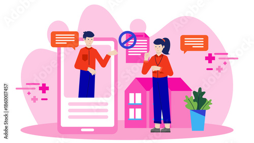 Online Meditation for Neighborhood Disputes. Flat Vector Illustration