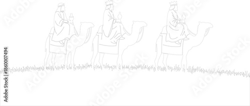 Three Wise Men Magi Riding Camels Line Art Vector Outline Christmas Epiphany Nativity Scene