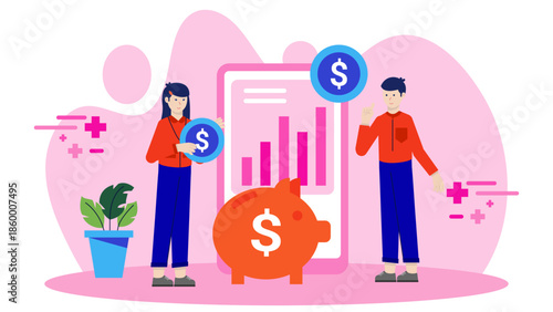 Digital Bank Financial Literacy Program for Kids. Flat Vector Illustration