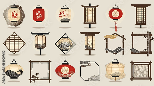 Collection of Traditional Japanese Lanterns and Decorative Frames with Asian Motifs