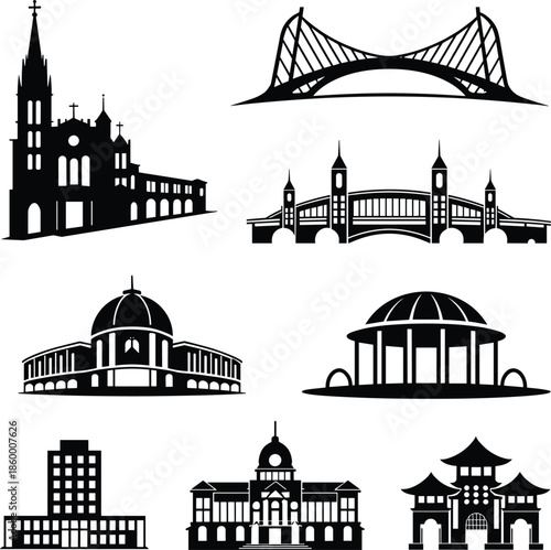City landmark silhouette set, famous buildings bridges monuments icons, black architecture illustration collection for urban travel branding design, concept vector