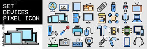 Set of pixel devices icon vector for tech inventories. Ideal for computers, phones, tablets, consoles, and retro digital gadgets.