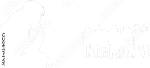 Isolated Thinker Silhouette Separate from Standing Crowd Group Outline Minimalist Illustration