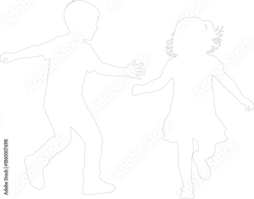 Two children boy and girl running and playing vector outline silhouette
