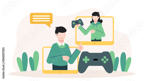 Remote Team Participating in a Digital Escape Room. Flat Vector Illustration