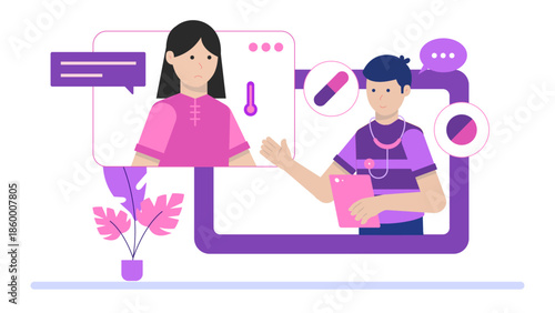Telehealth Psychiatrist Managing Medication Remotely. Flat Vector Illustration