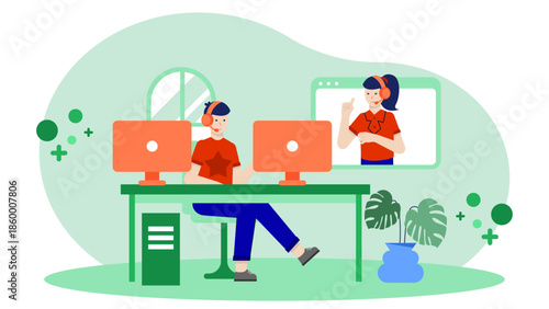 Remote Team Participating in a Digital Escape Room. Flat Vector Illustration
