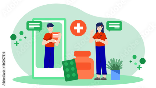 Telehealth Psychiatrist Managing Medication Remotely. Flat Vector Illustration