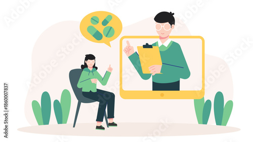 Telehealth Psychiatrist Managing Medication Remotely. Flat Vector Illustration