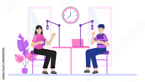 Co-working Space Offering Podcast Recording Studios. Flat Vector Illustration