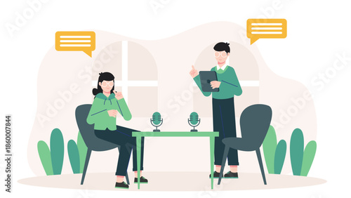 Co-working Space Offering Podcast Recording Studios. Flat Vector Illustration