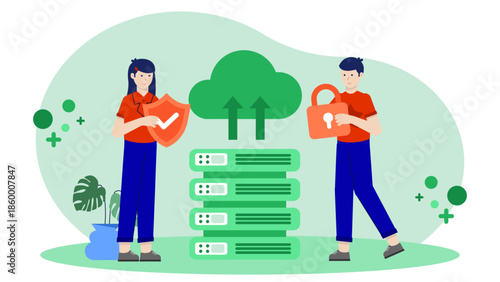 Cloud Security Team Preventing Data Breaches. Flat Vector Illustration