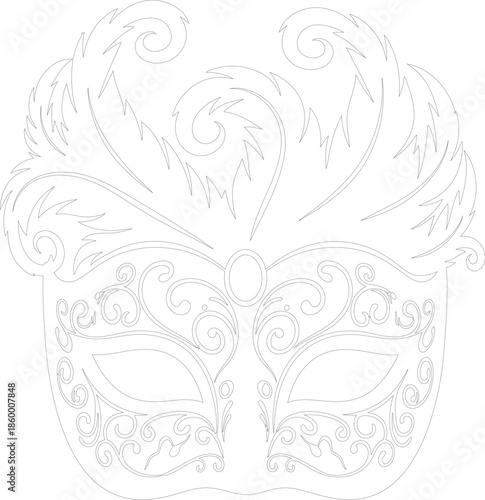 Ornate Masquerade Mask with Feathers Outline Vector Graphic Elegant Venetian Style Black Line Art Filigree Scrollwork