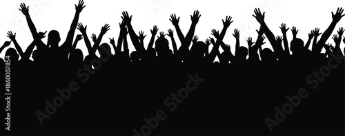 Large vector set of black silhouettes of a cheering crowd with raised hands at a concert festival or public event.