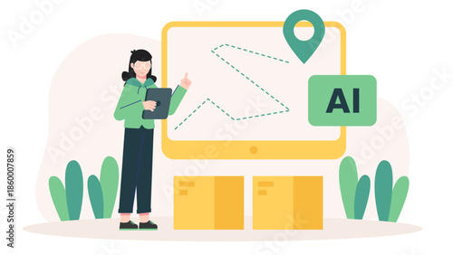 AI System Optimizing Delivery Routes in Real-Time. Flat Vector Illustration