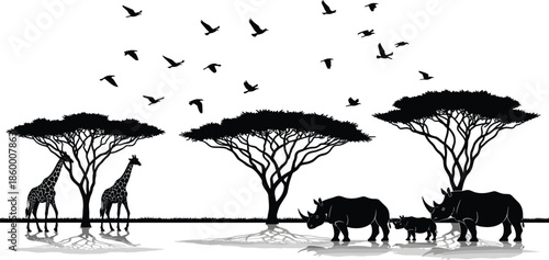 African savanna silhouette vector, giraffe and rhino scene, acacia tree wildlife illustration, nature themed animal graphic design, flavector